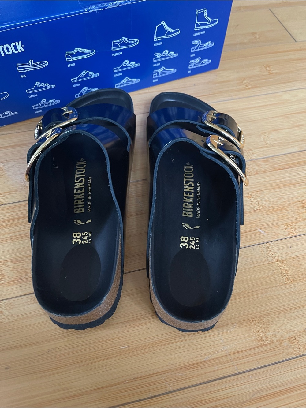 New Birkenstock EVA Patent Black Two-Strap Arizona Large Gold Buckle Sandals 38 - Picture 4 of 6